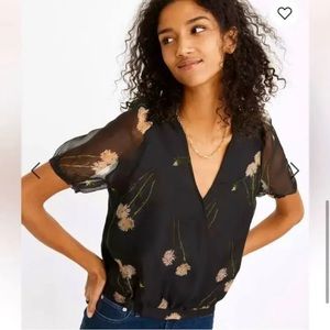 Madewell 100% Silk Floral Puff Sleeve Wrap Blouse size L NWOT
